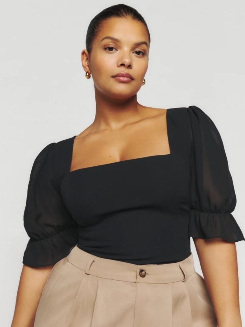 Reformation Constance Black Square-Neck Puff Sleeve Top Size 14 NWT $148